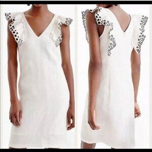 J Crew Collection Eyelet Ruffle Shoulder Dress Sleeveless V neck Linen Blend 0